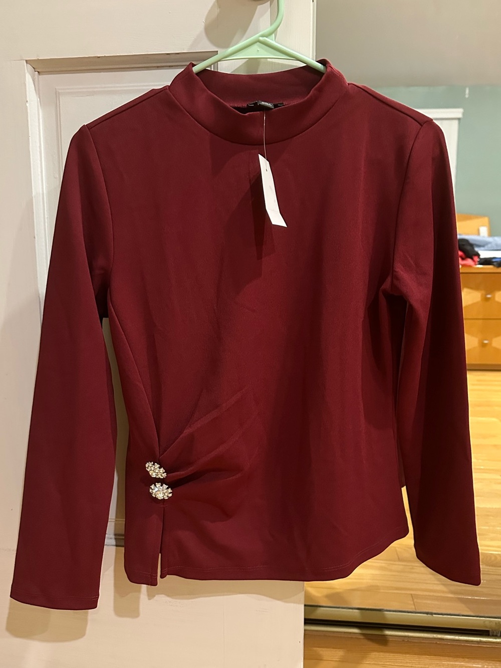 Ann Taylor Jewel Button Waist Mock Neck Top in Rich Mulberry - Small